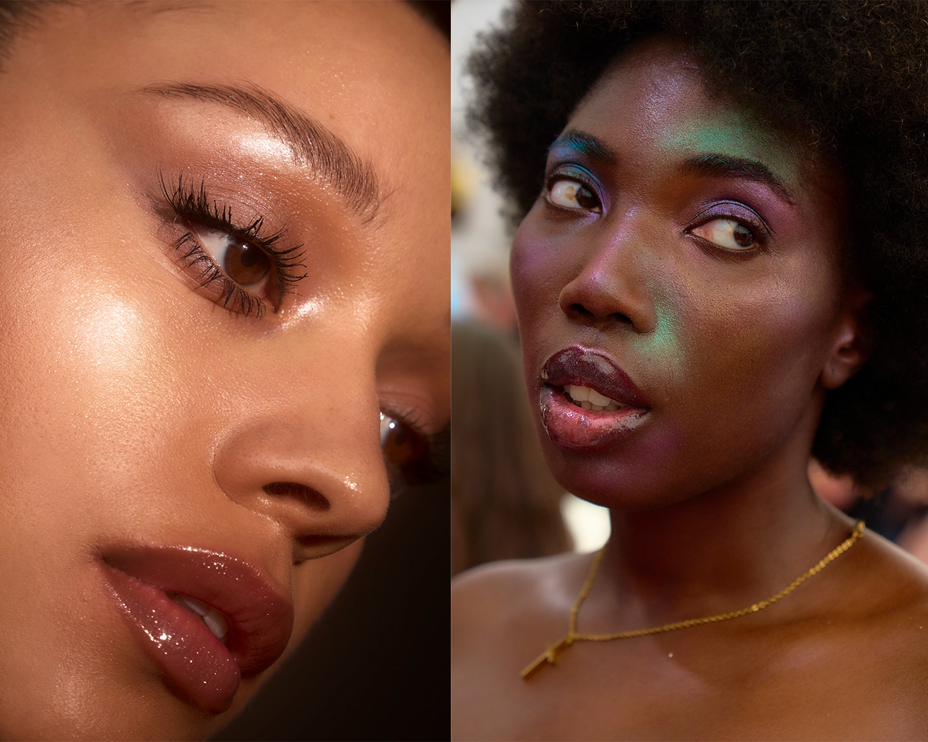 Twee close-ups van gezichten met glanzende make-up, de ene met een natuurlijke gloed en de andere met iriserende kleuren.