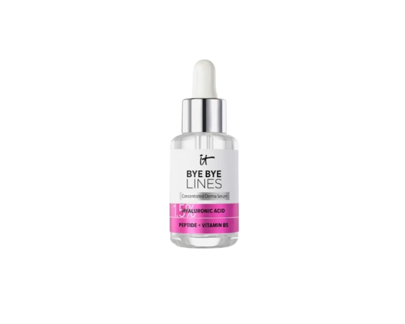 Le sérum concentré Derma Bye Bye Lines d'IT Cosmetics dans un flacon transparent avec un compte-gouttes argenté et blanc, contenant 1,5 % d'acide hyaluronique, de peptide et de vitamine B5.