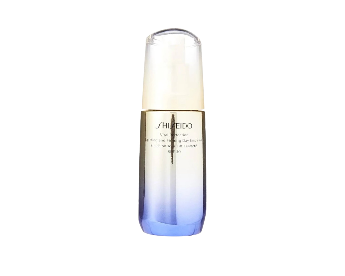 Voici l'émulsion de jour lift fermeté Vital Perfection de Shiseido, un flacon dégradé bleu et or avec un capuchon transparent.