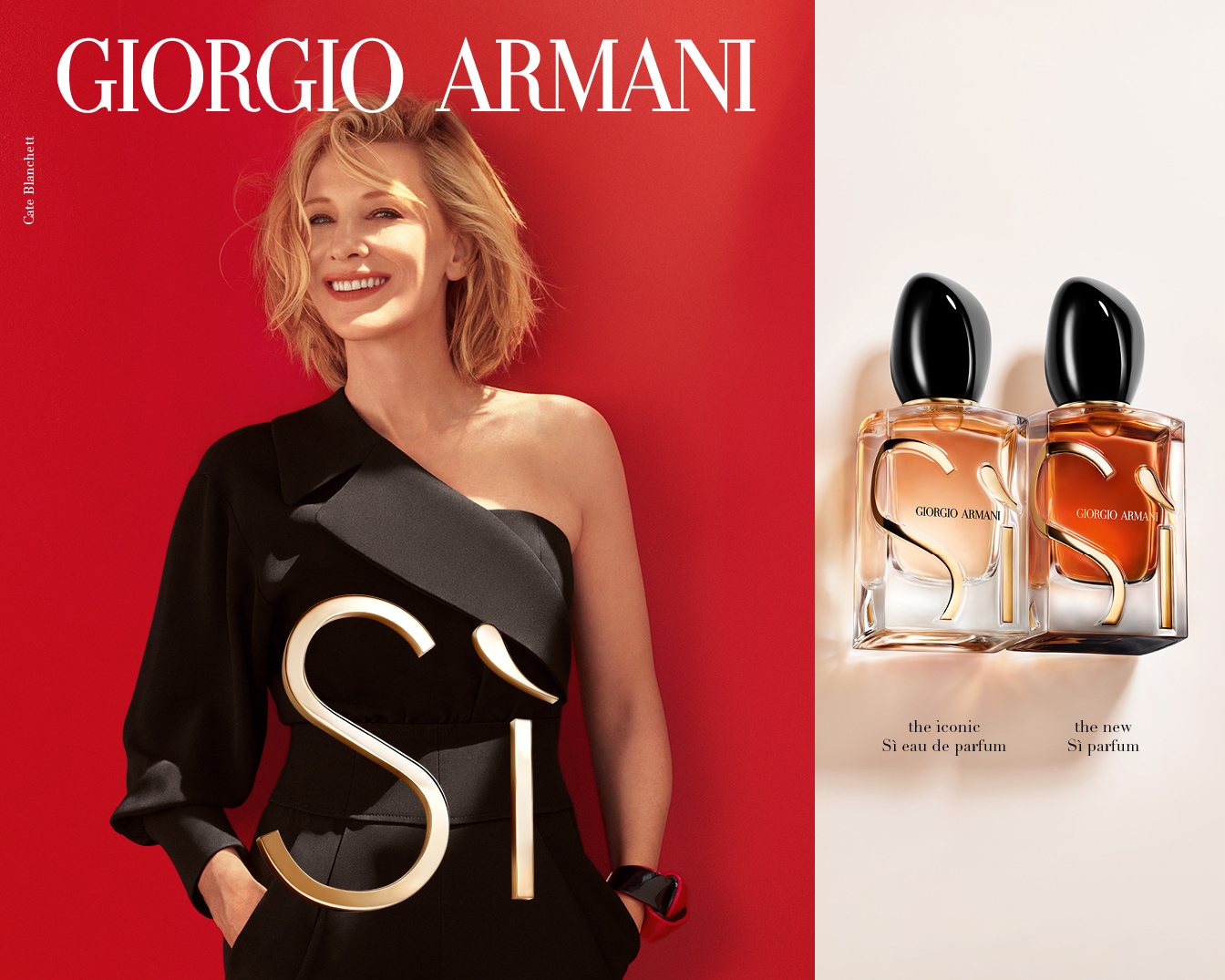 Ontdek Giorgio Armani's Sì parfum: een elegante geur gepresenteerd door Cate Blanchett, met de iconische Sì Eau de Parfum en de nieuwe Sì Parfum.
