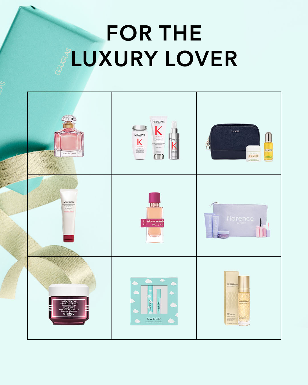 Regalo lussuoso per gli amanti del lusso con confezione regalo blu acqua e fiocco dorato, con profumo Guerlain, Kerastase, La Mer, Shiseido, Abercrombie, Florence by mills, Sisley e Sweed.