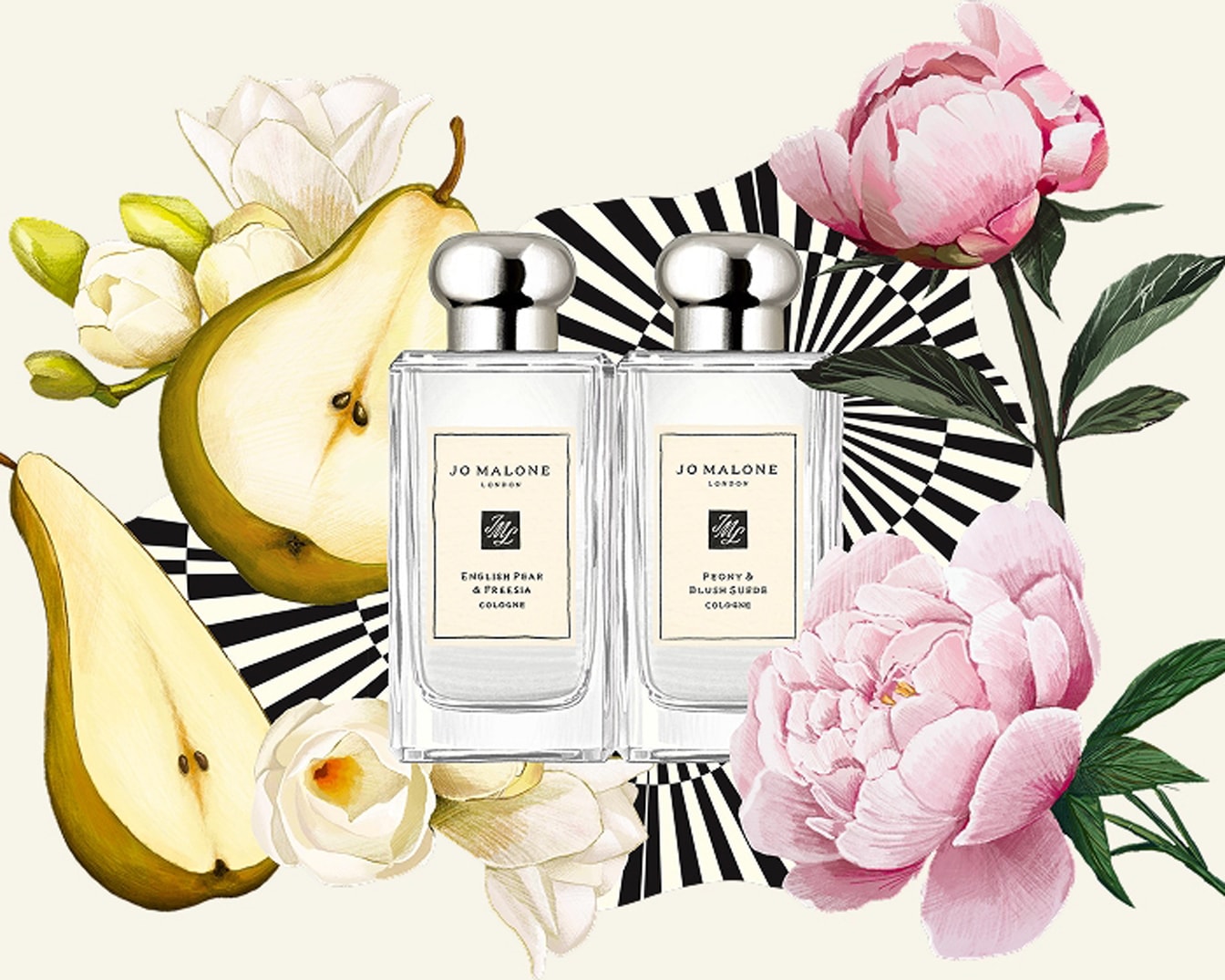Deux bouteilles de cologne Jo Malone, l'une English Pear & Freesia, l'autre Peony & Blush Suede, sont entourées de poires, de pivoines et de fleurs blanches.