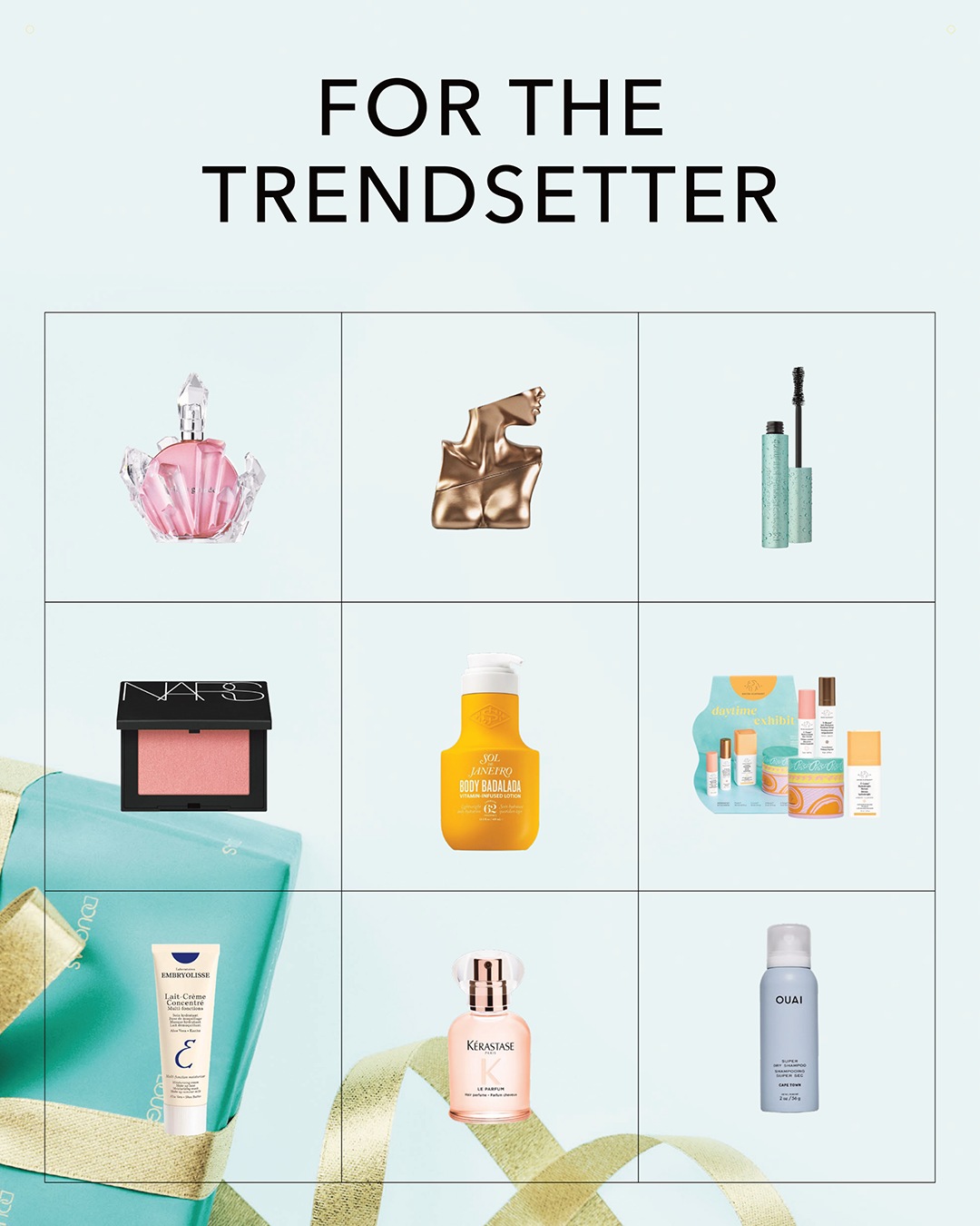 Ontdek de nieuwste schoonheidstrends met een roze parfumflesje, een gouden lichaamsbeeld, mascara, blush, bodylotion, huidcrème, haarparfum en droogshampoo.