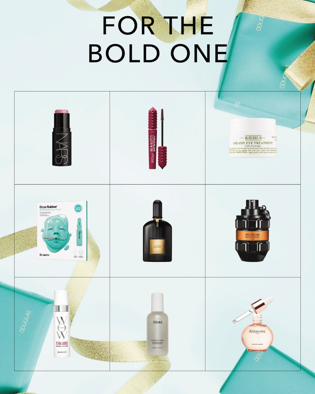 Ontdek een selectie van beautyproducten voor de gedurfde persoonlijkheid, van NARS blush tot Kérastase haarolie, gepresenteerd op een stijlvolle achtergrond.