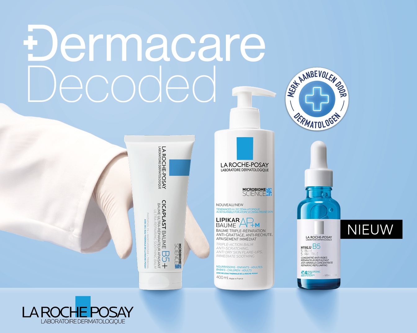 Dermacare Decoded presenteert La Roche-Posay huidverzorgingsproducten, waaronder Cicaplast Baume B5+, Lipikar Baume AP+M en Hyalu B5 Serum, aanbevolen door dermatologen.