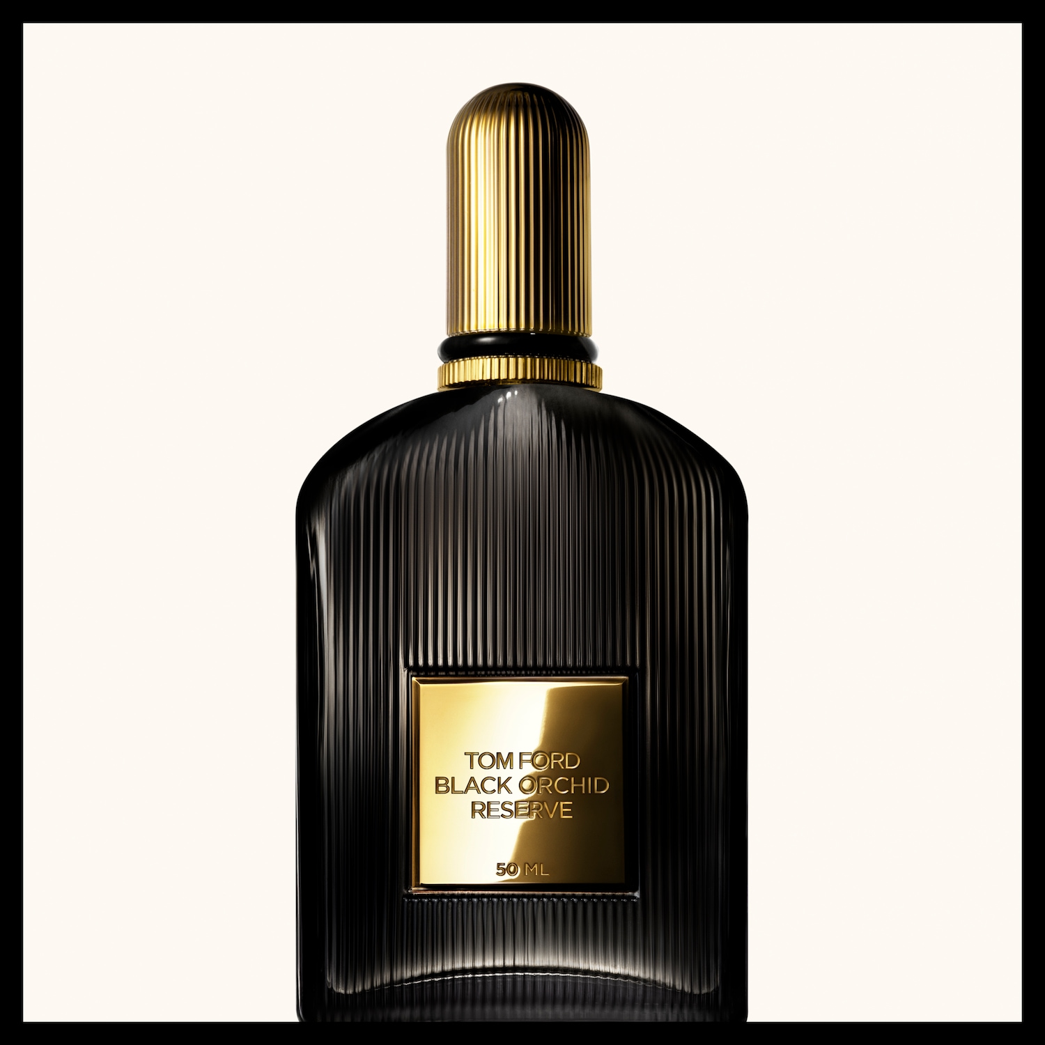 Schwarze Flasche Tom Ford Black Orchid Reserve Eau de Parfum mit goldenem Etikett und geripptem goldenem Verschluss.