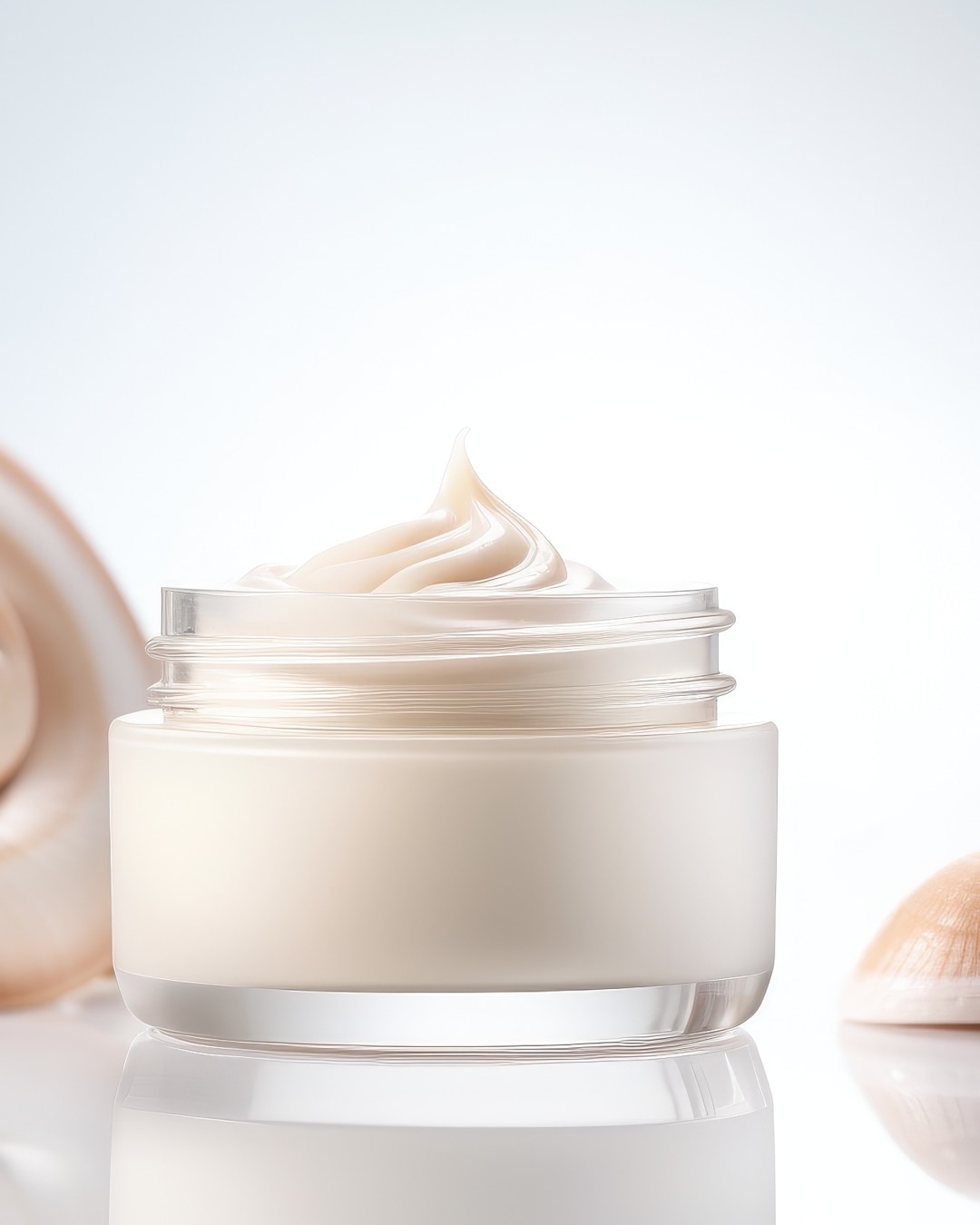 Nahaufnahme einer durchsichtigen Glasdose mit einer cremefarbenen Hautpflegecreme, die spiralförmig aufgetragen ist, daneben liegen Muscheln.
