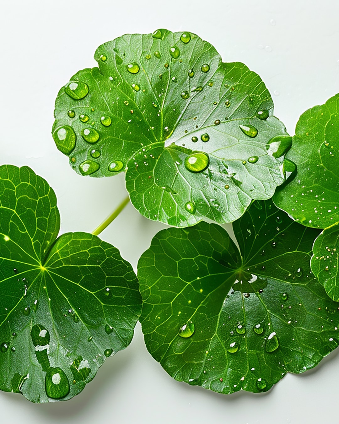 Nahaufnahme von grünen Blättern mit Wassertropfen, die Frische und natürliche Schönheit vermitteln.
