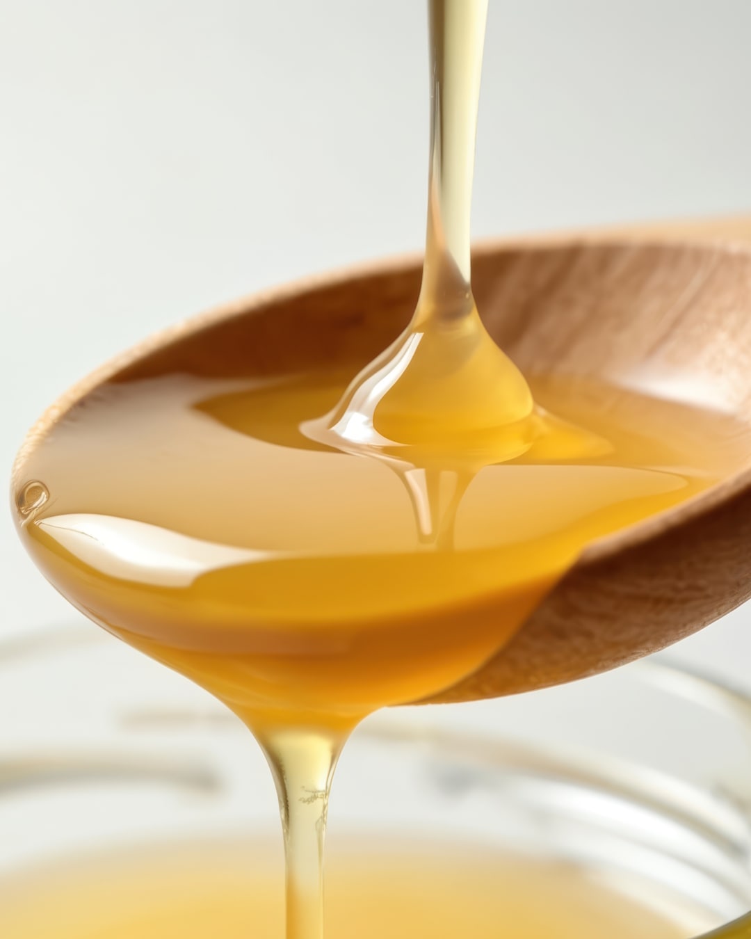 Goldener Honig fließt von einem Holzlöffel und füllt eine Glasschale mit seiner süßen, klebrigen Textur.
