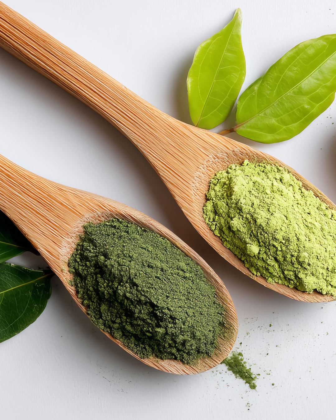 Zwei Holzlöffel, einer gefüllt mit dunkelgrünem Pulver und der andere mit hellgrünem Pulver, liegen neben grünen Blättern auf einem weißen Hintergrund.