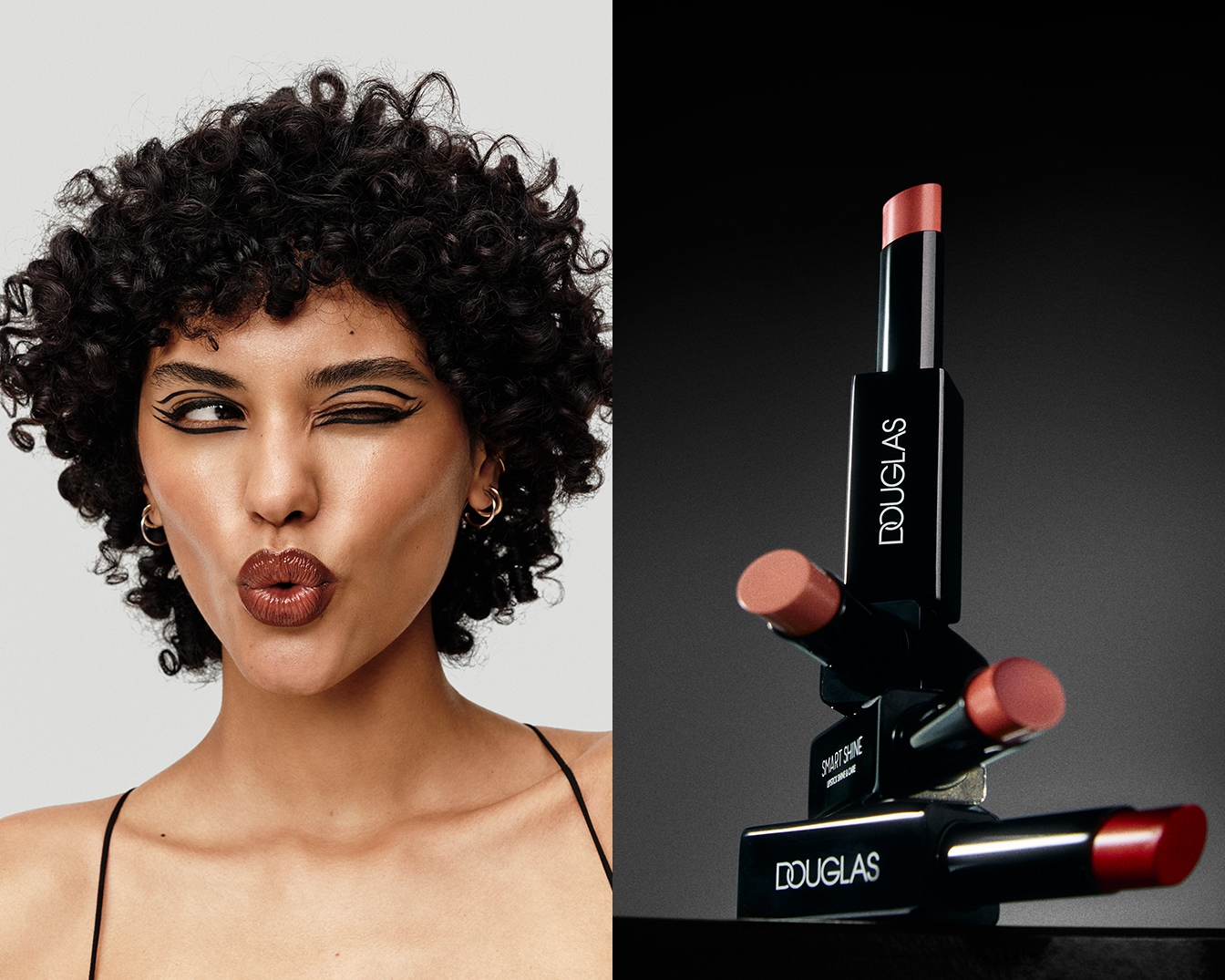 A képen egy göndör hajú, barna bőrű nő látható, aki kacsint és csücsörít, mellette pedig a Douglas Smart Shine rúzsok láthatók fekete tokban, különböző árnyalatokban.