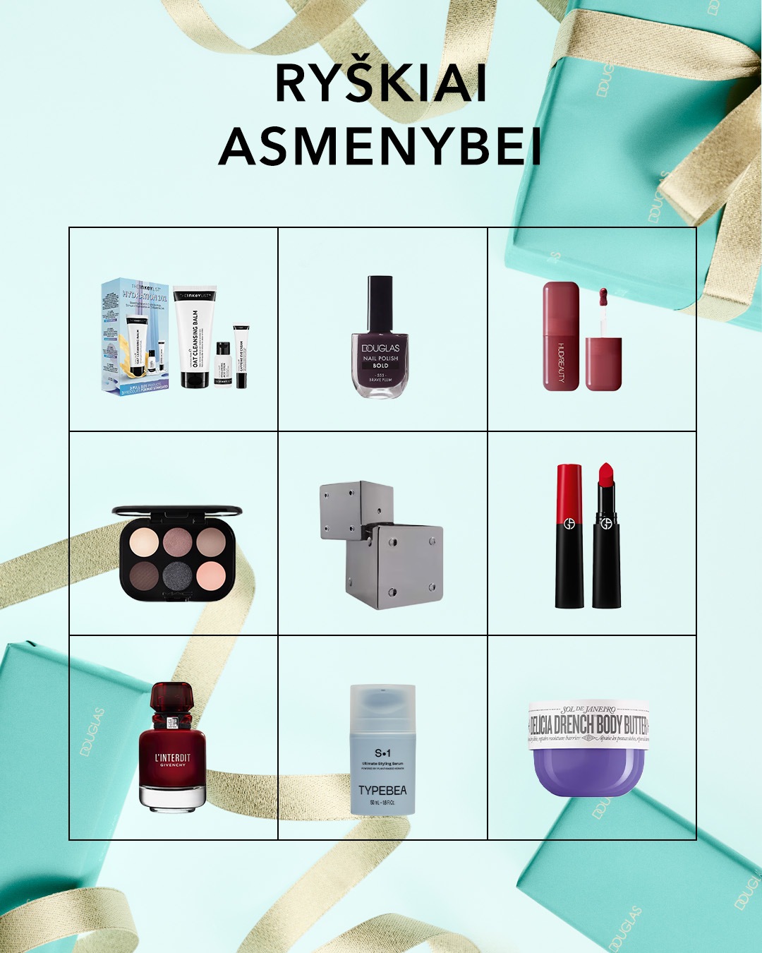 Kosmetikos priemonių rinkinys, nagų lakas, lūpų dažai, akių šešėlių paletė, kvepalai ir kūno sviestas ant šviesiai mėlyno fono su užrašu RYŠKIAI ASMENYBEI.