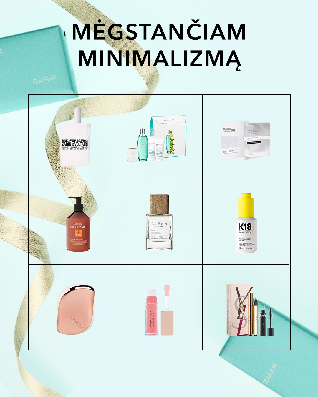 Aromatic collection for those who appreciate minimalism, featuring Zadig&Voltaire perfume, The Botanist hand wash, Clean Reserve scent, and K18 hair treatment.