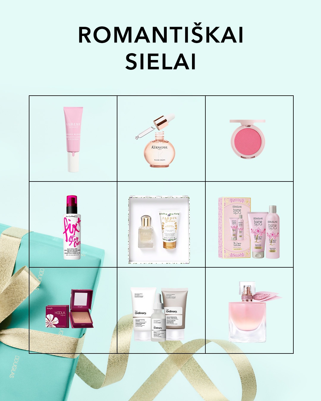 Įvairių kosmetikos prekių rinkinys romantiškai sielai: „Lumene“ paakių serumas, „Kerastase“ plaukų aliejus, „MAC Fix+ Stay Over“ purškiklis ir „Douglas Home Spa“ kūno priežiūros priemonės.