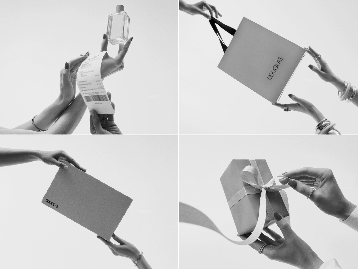 Elegantiškos rankos laiko kvapų buteliuką ir pirkinių kvitą, simbolizuojantį prabangų apsipirkimą.