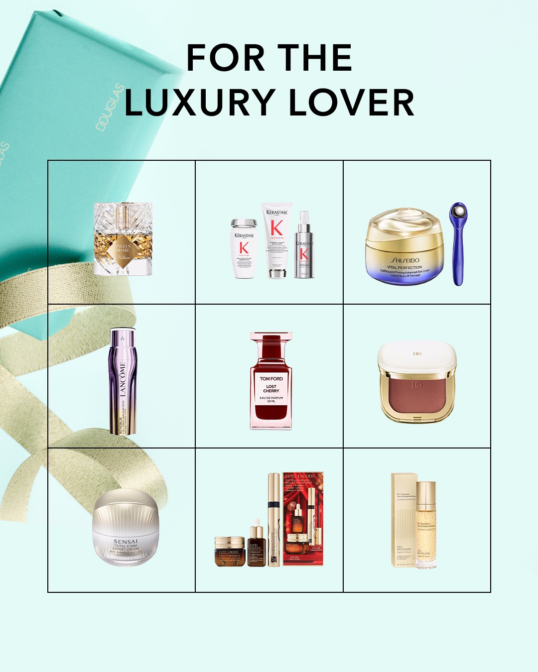Válogatás luxus szépségápolási termékekből, köztük parfümök, arcápolók és hajápolók, a Douglas ajándékdobozzal és szalaggal a "A luxus szerelmeseinek" felirattal.
