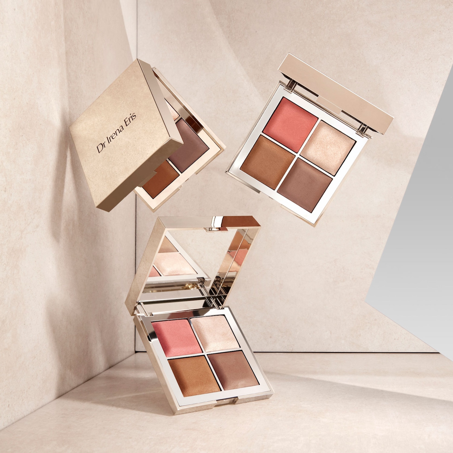 Paleta do makijażu Dr Irena Eris zawiera róże, bronzery i rozświetlacze w odcieniach brązu i różu, idealna do konturowania i podkreślania rysów twarzy.