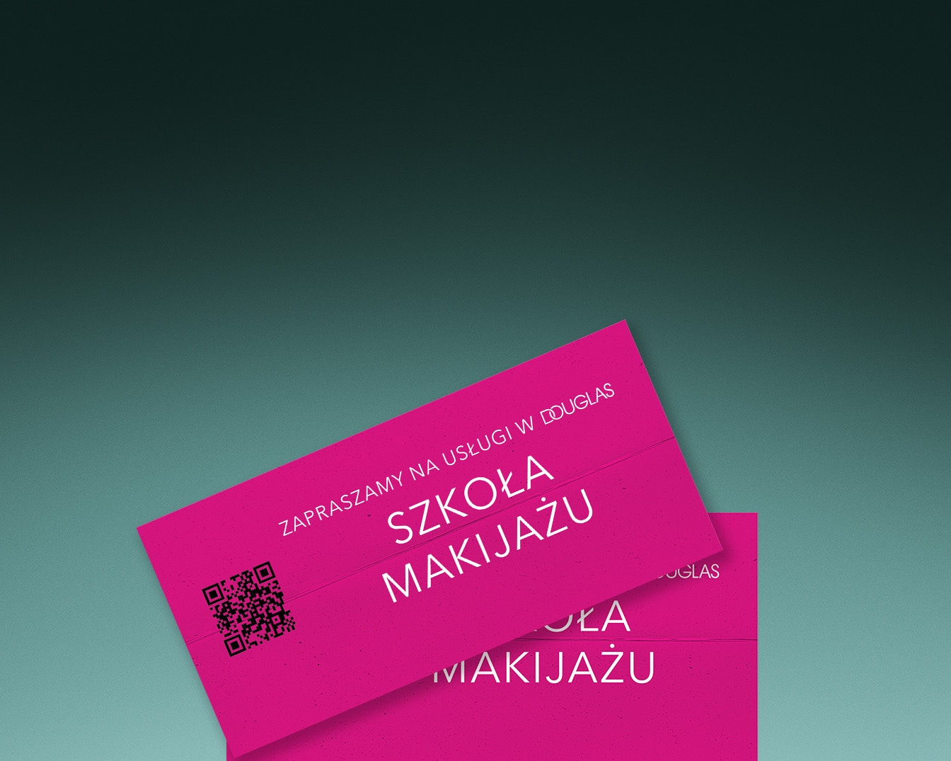 Różowe zaproszenie na usługi w Douglas, Szkoła Makijażu z kodem QR.