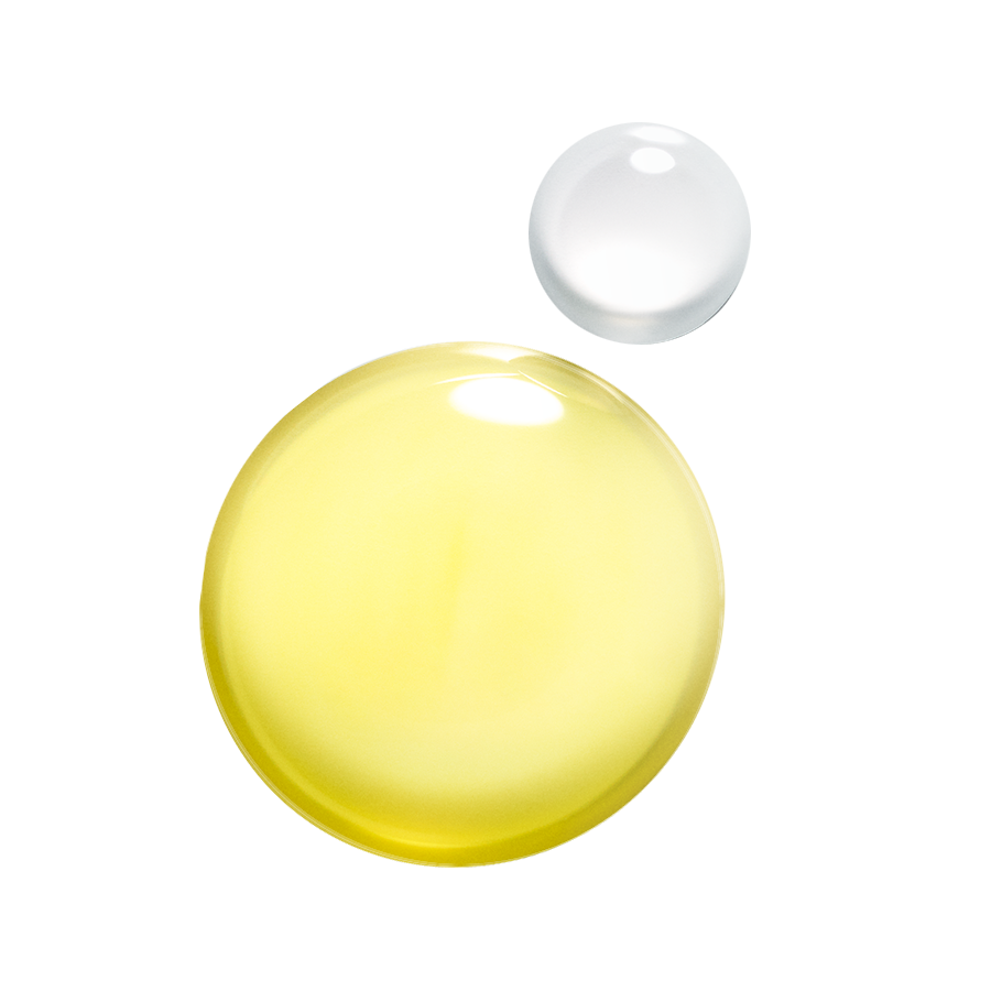 Nahaufnahme von zwei Serumtropfen, einer in Gelb und einer in Weiß, die die Textur und Farbe des Produkts hervorheben.