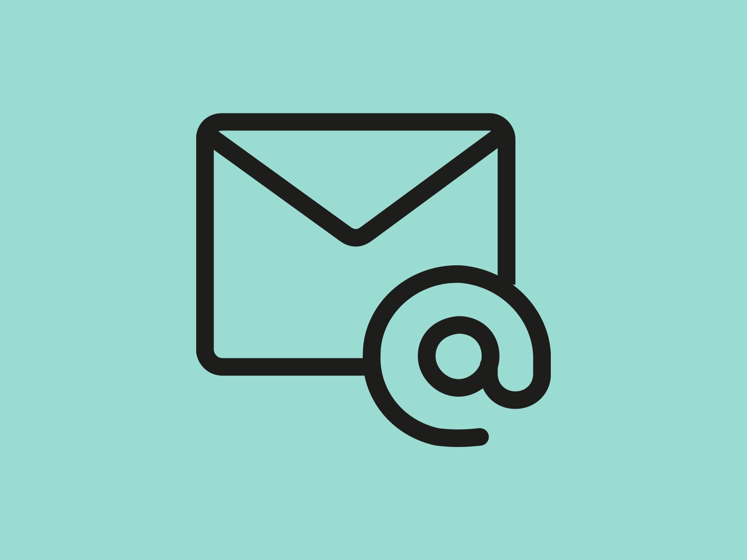 Icono de correo electrónico negro sobre un fondo verde azulado, que representa un sobre con un símbolo de arroba, que simboliza la comunicación digital.