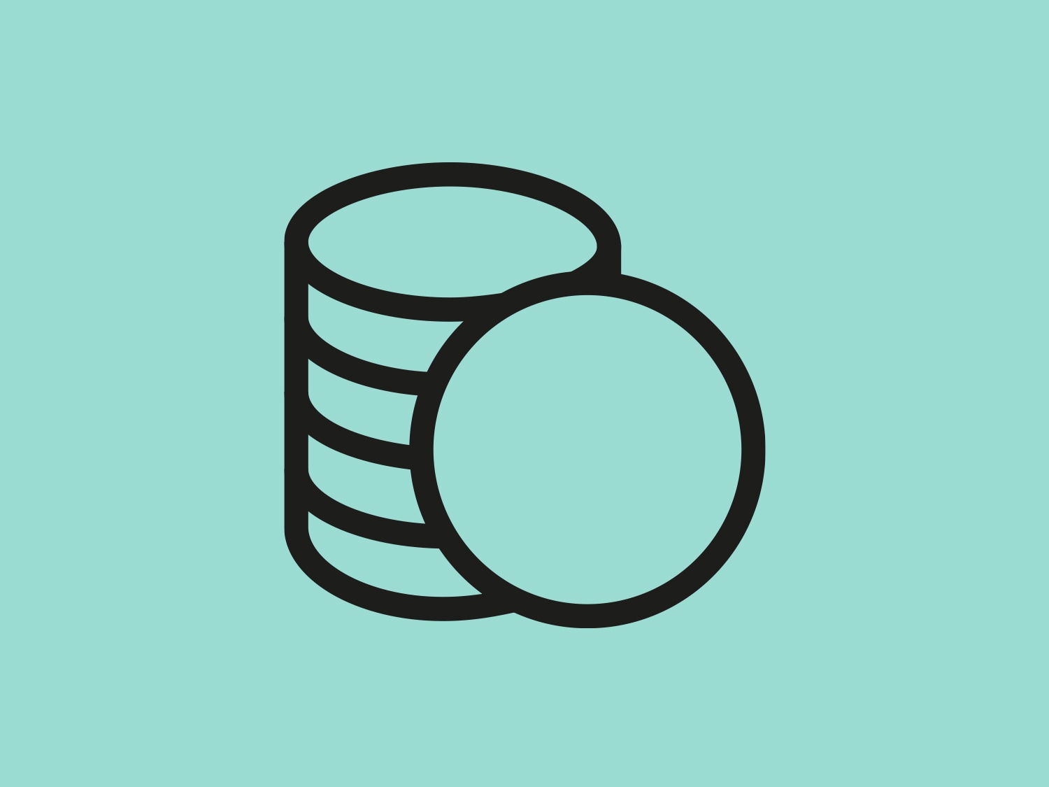 Icono de monedas apiladas en negro sobre un fondo verde azulado, que representa ahorros o finanzas.