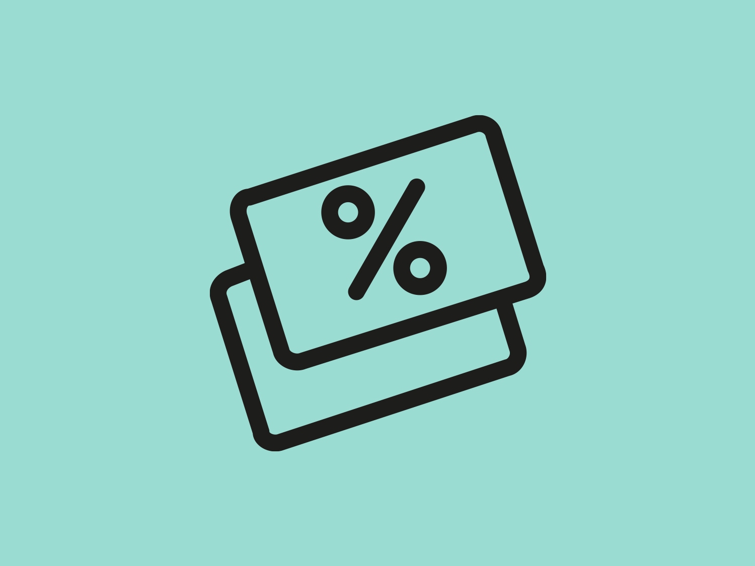 Icono de dos tarjetas de descuento negras con el símbolo de porcentaje sobre un fondo verde azulado, que representa ofertas especiales.