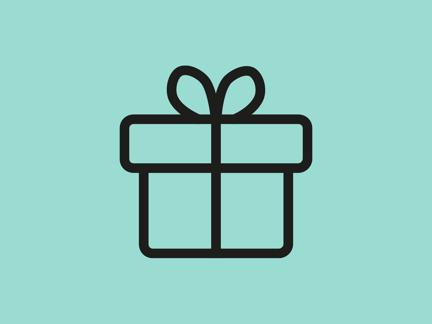 Icono de un regalo envuelto con un lazo, presentado en un esquema de color verde azulado y negro.