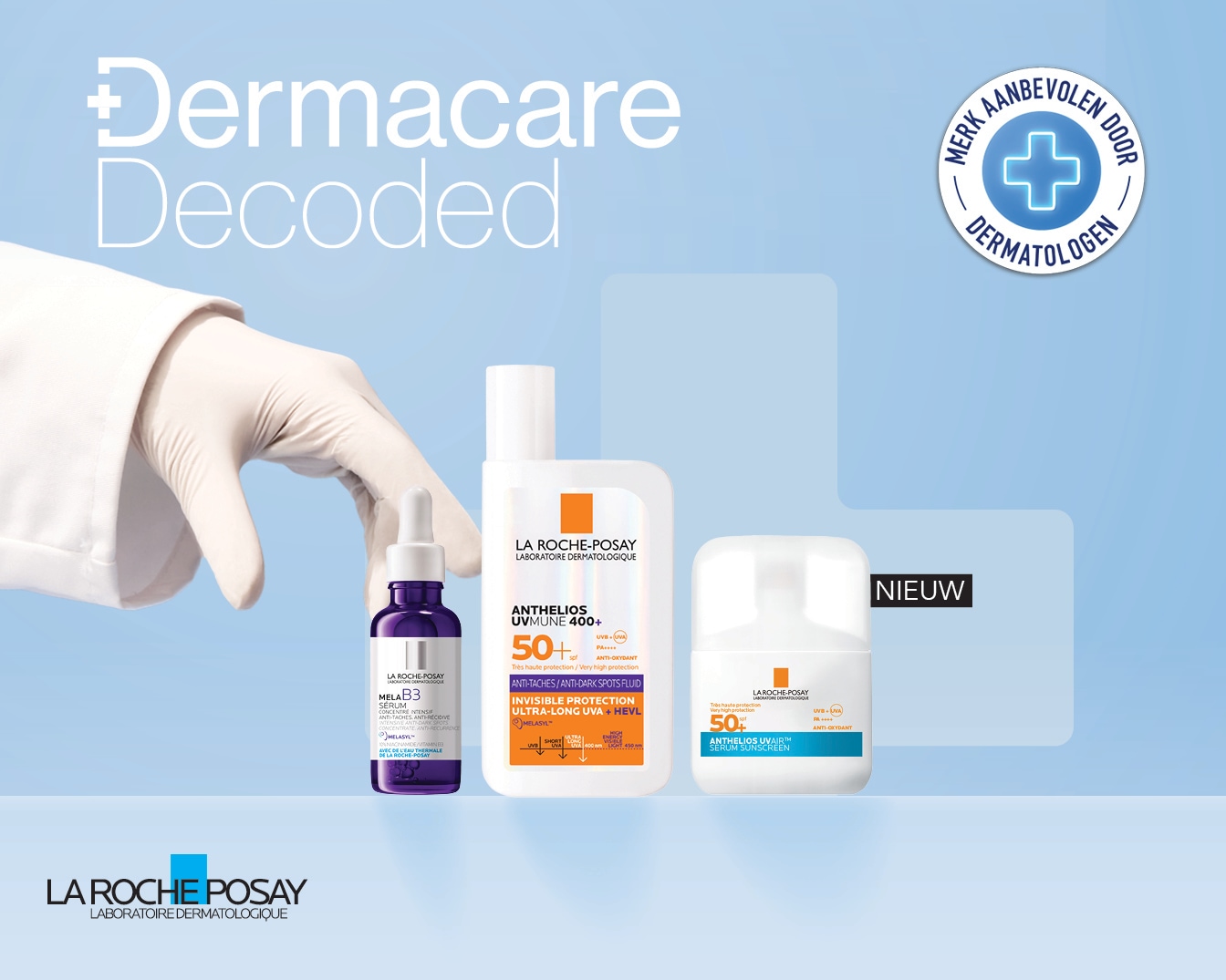 Découvrez Dermacare Decoded avec La Roche-Posay, présentant des produits comme Anthelios UVMUNE 400+ SPF 50+ et le sérum MelaB3, recommandés par des dermatologues.