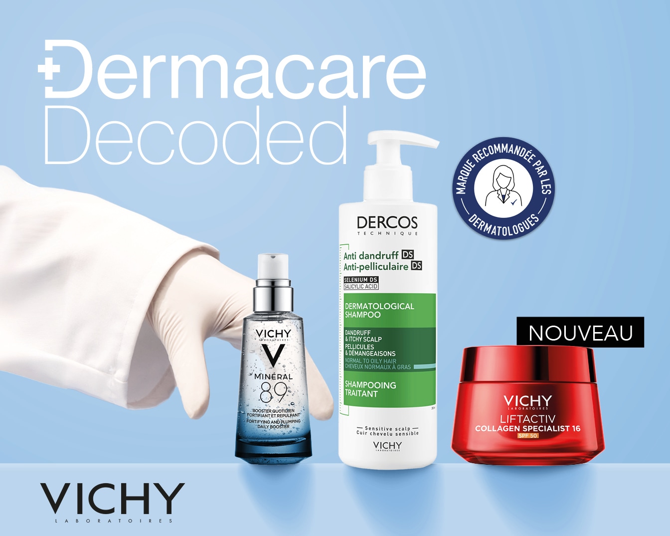 Découvrez Dermacare Decoded avec Vichy, présentant Mineral 89, un booster quotidien fortifiant et repulpant.