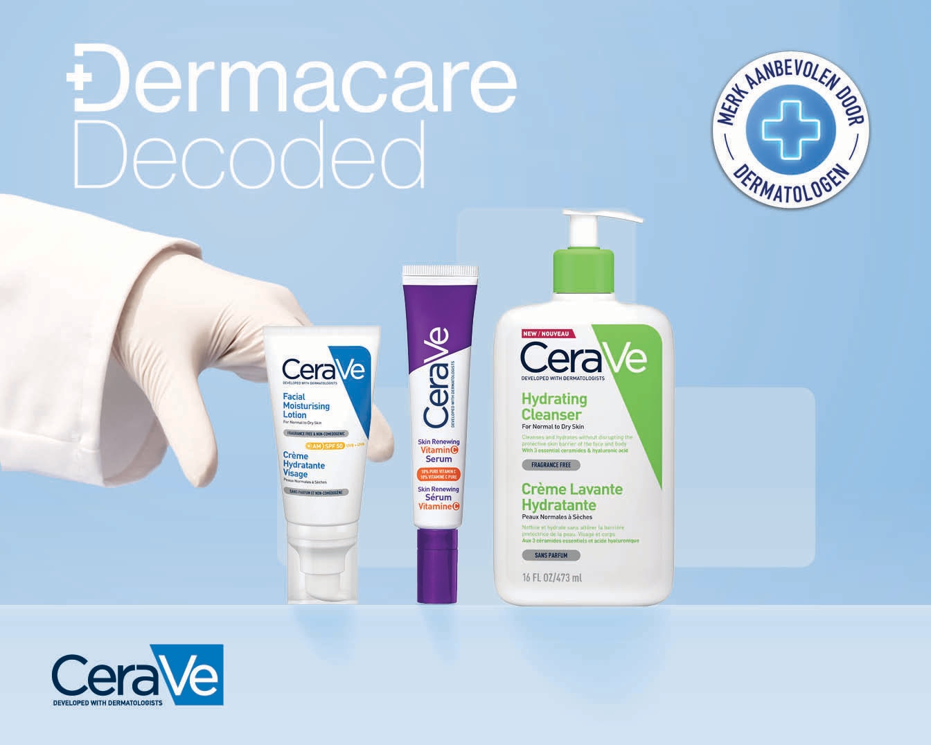 Découvrez les soins CeraVe : lotion hydratante visage avec FPS 50, sérum vitaminé régénérant et nettoyant hydratant pour une peau saine et protégée.