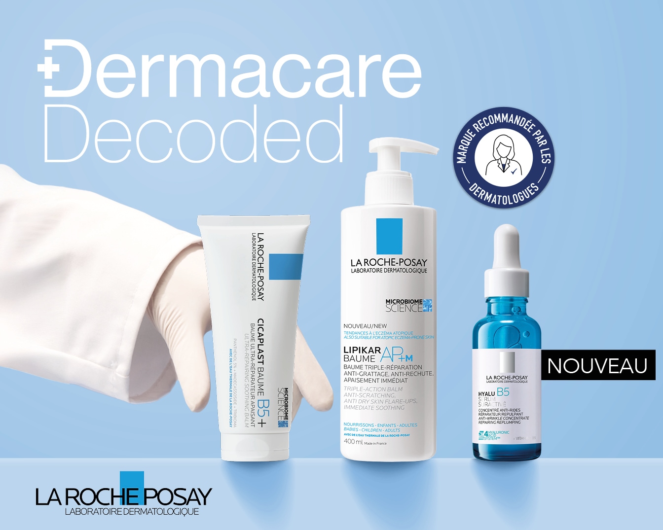 Découvrez Dermacare Decoded avec les produits La Roche-Posay : Cicaplast Baume B5+ pour apaiser, Lipikar Baume AP+M pour réparer, et Hyalu B5 Sérum pour une action anti-rides.