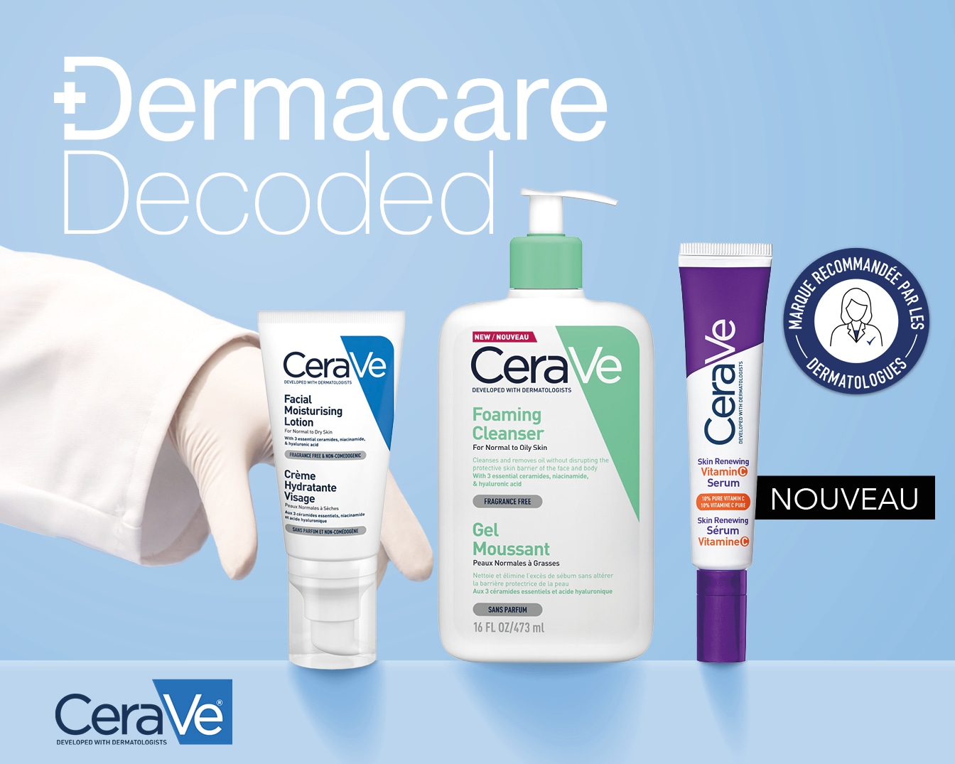 Découvrez les soins Cerave : lotion hydratante visage pour peau normale à sèche, nettoyant moussant pour peau normale à grasse et sérum vitamine C pour renouveler la peau.
