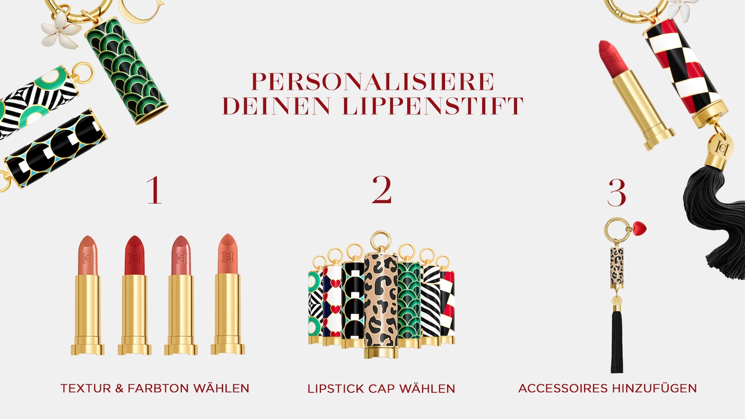 Personalisieren Sie Ihren Lippenstift: Wählen Sie aus vier verschiedenen Texturen und Farbtönen in goldenen Hülsen.