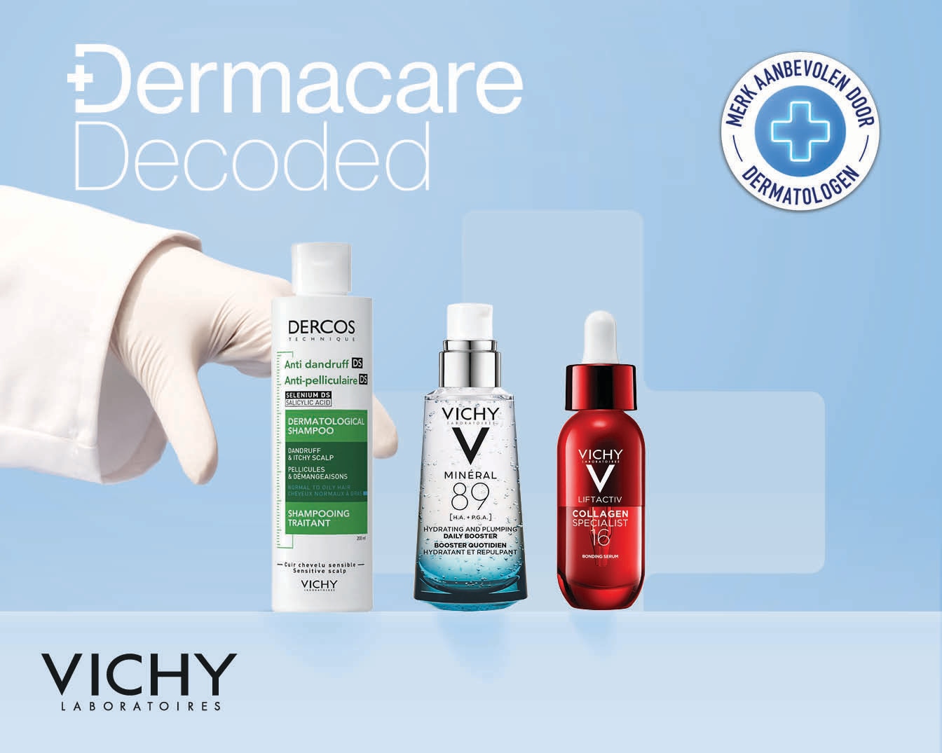 Ontdek de Dermacare Decoded collectie met de Dercos anti-roos shampoo, Minéral 89 booster en Liftactiv collageen serum van Vichy.