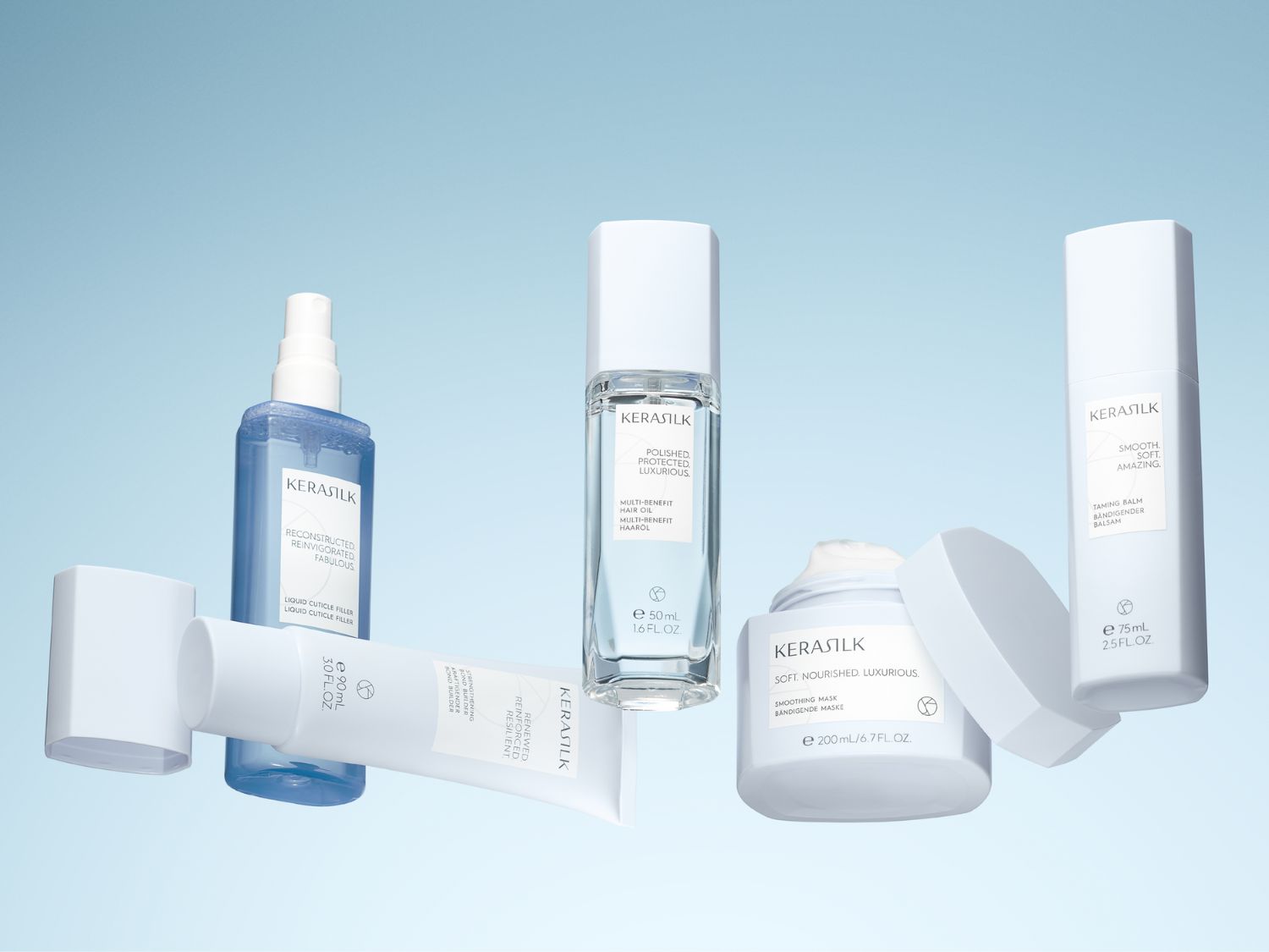 Ontdek de Kerasilk haarverzorgingslijn: vloeibare cuticle filler, haarolie, temmende balm en smoothing mask voor gereconstrueerd, beschermd en zacht haar.