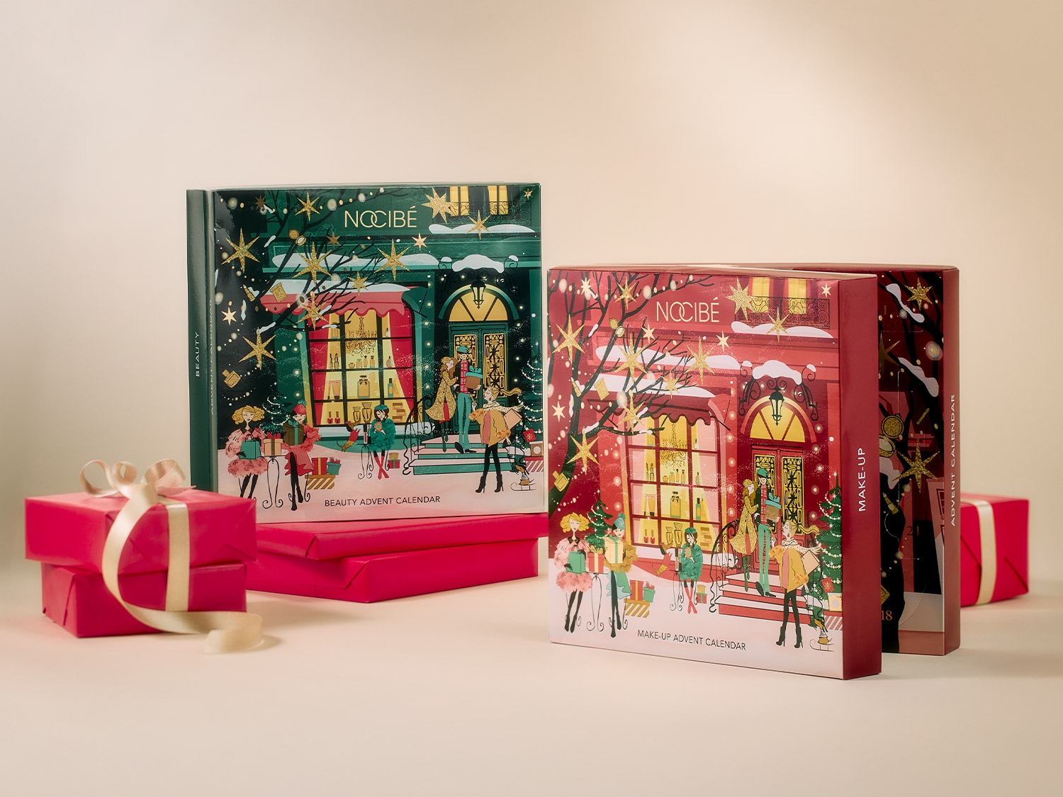 Découvrez les calendriers de l'Avent Nocibé : un calendrier beauté vert et un calendrier de maquillage rouge, tous deux illustrés d'une scène de rue festive et élégante.