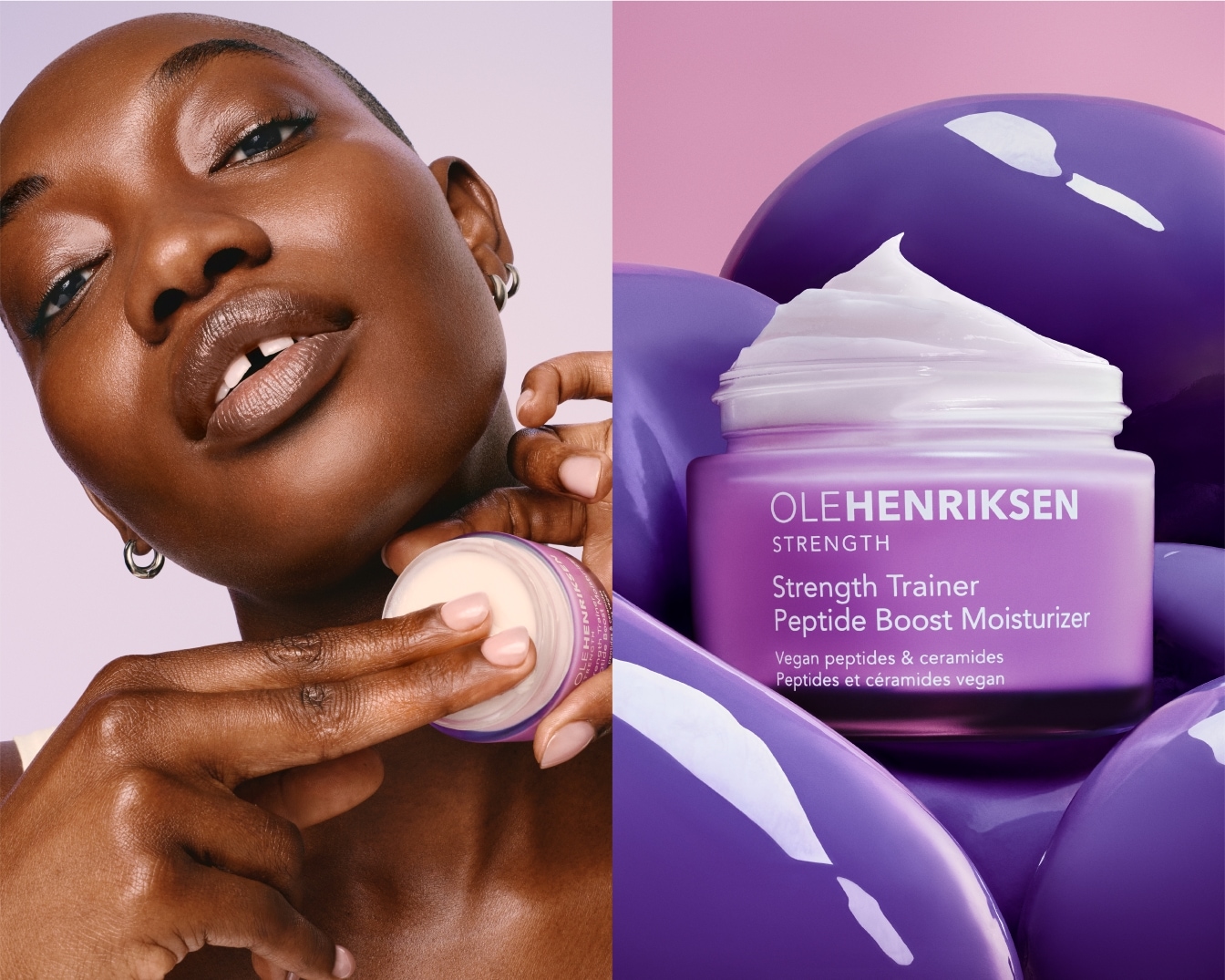 Na zdjęciu widać kobietę z gładką skórą, która trzyma fioletowy słoiczek kremu Ole Henriksen Strength Trainer Peptide Boost Moisturizer, który zawiera wegańskie peptydy i ceramidy.