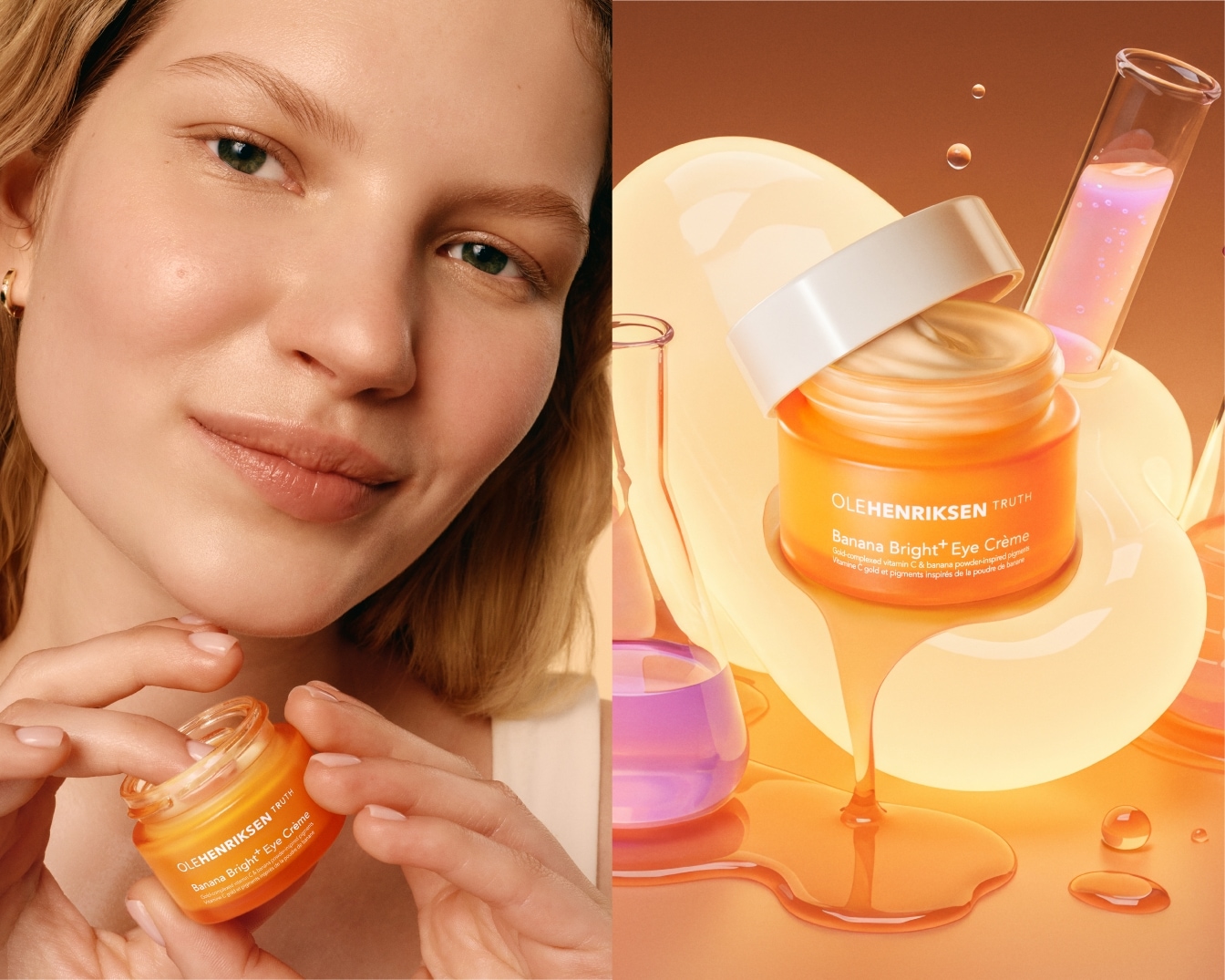 Kobieta trzyma słoiczek kremu pod oczy Olehenriksen Banana Bright+ Eye Crème, który zawiera witaminę C i pigmenty inspirowane pudrem bananowym, obok probówek.