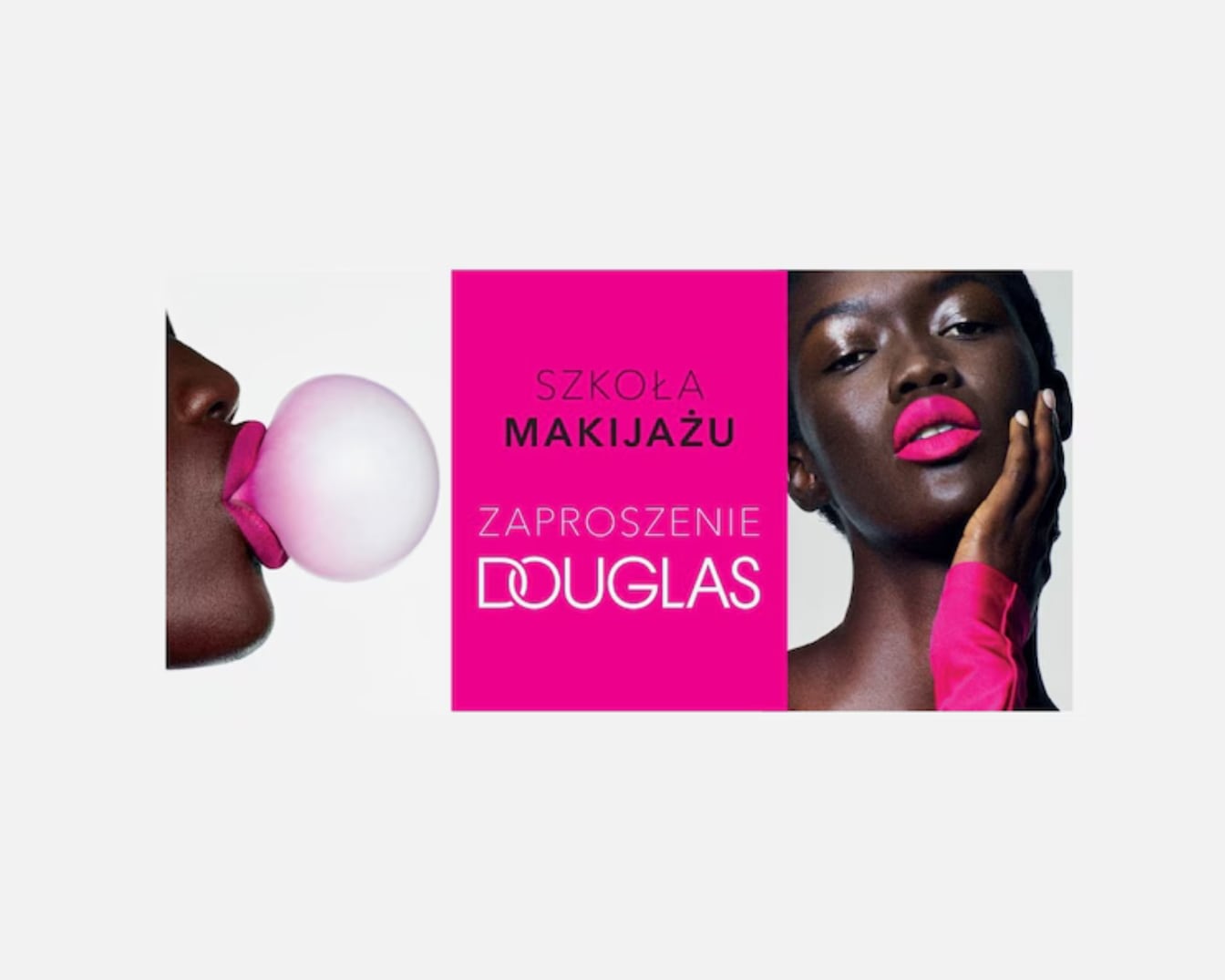 Zaproszenie od Douglas na szkołę makijażu, gdzie modelka prezentuje różową szminkę, a druga dmucha balon z gumy o tym samym odcieniu.