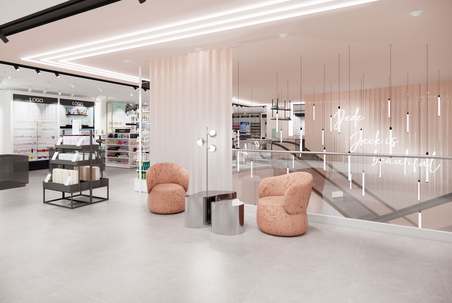 Einladender Blick in ein Douglas Geschäft mit Regalen voller Schönheitsprodukte und einer gemütlichen Sitzecke mit korallfarbenen Sesseln.