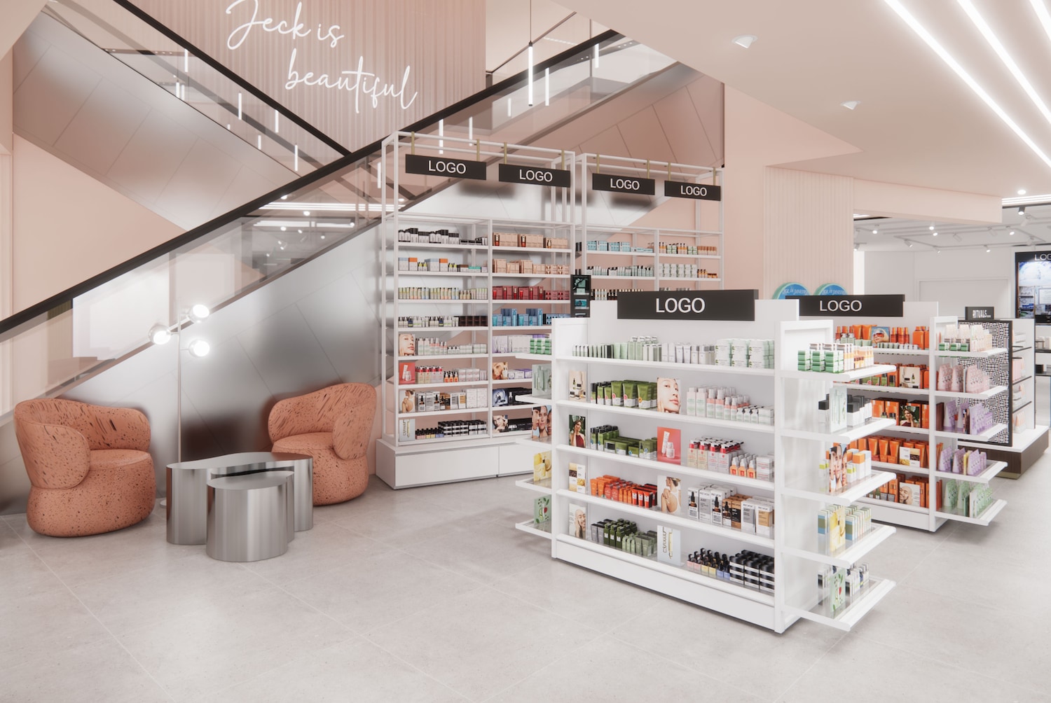Ein heller, geräumiger Douglas Store mit Regalen voller Kosmetikprodukte, einer Treppe und einladenden Sitzgelegenheiten.