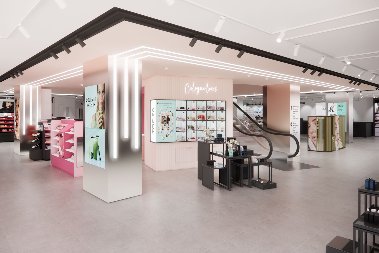Blick in eine Douglas-Filiale mit Kosmetik- und Duftprodukten, die in Regalen und auf Tischen präsentiert werden, sowie Werbeplakaten und einem Rolltreppenaufgang.