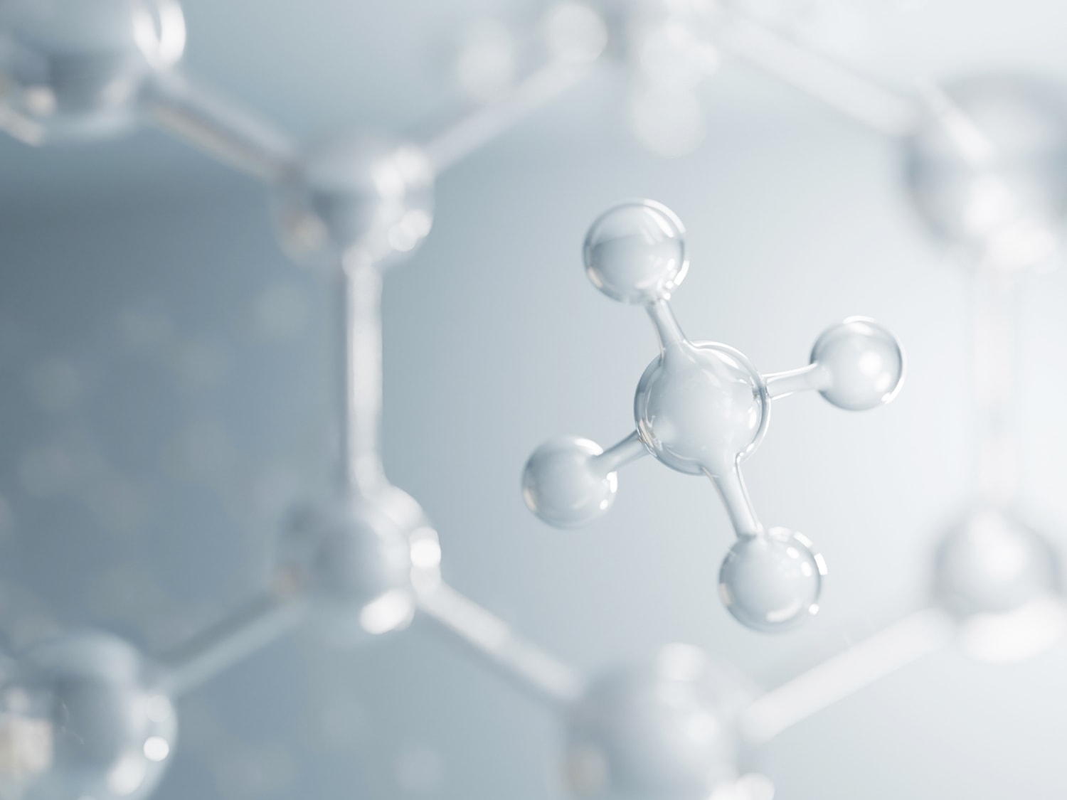 Rappresentazione astratta di una struttura molecolare trasparente su sfondo chiaro, che evoca purezza e innovazione scientifica.