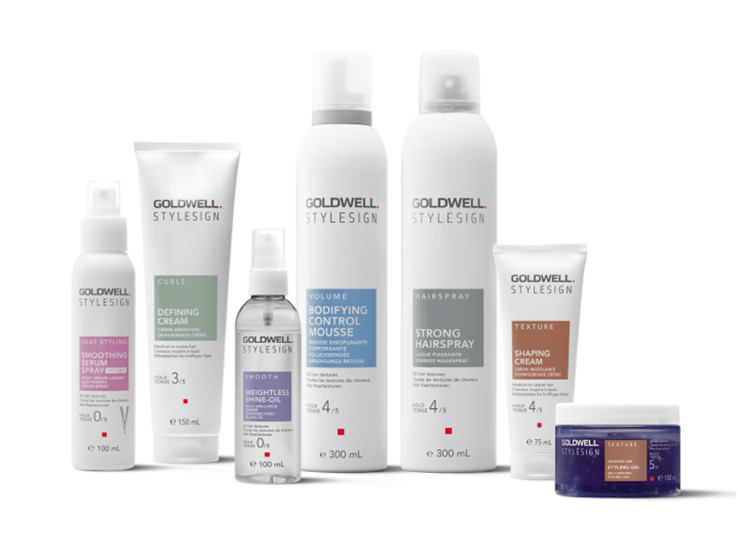 Découvrez la gamme Goldwell Stylesign : spray sérum lissant, crème définition boucles, huile brillance légère, mousse contrôle volume, laque forte, crème modelante texture et gel coiffant.
