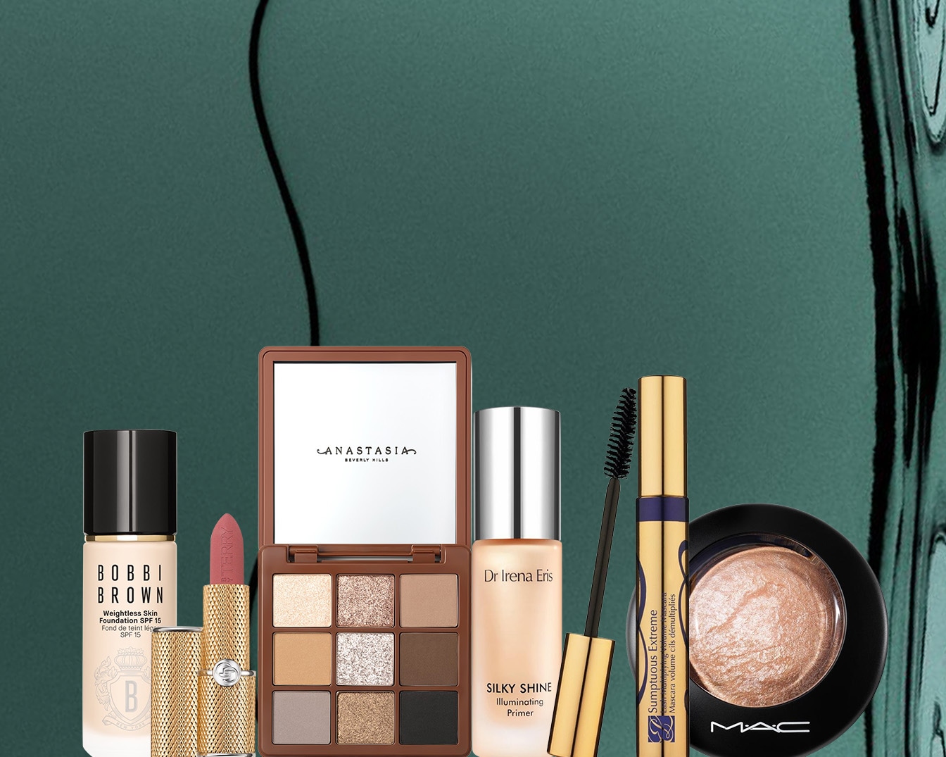 Różnorodność kosmetyków do makijażu, w tym podkład Bobbi Brown, paleta cieni Anastasia Beverly Hills, baza pod makijaż Dr Irena Eris, tusz do rzęs Estee Lauder i rozświetlacz MAC.