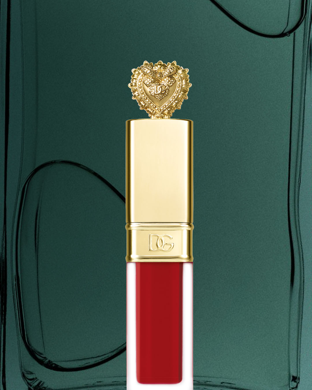 Błyszczący, czerwony błyszczyk do ust Dolce & Gabbana z złotym aplikatorem w kształcie serca, idealny do podkreślenia ust.