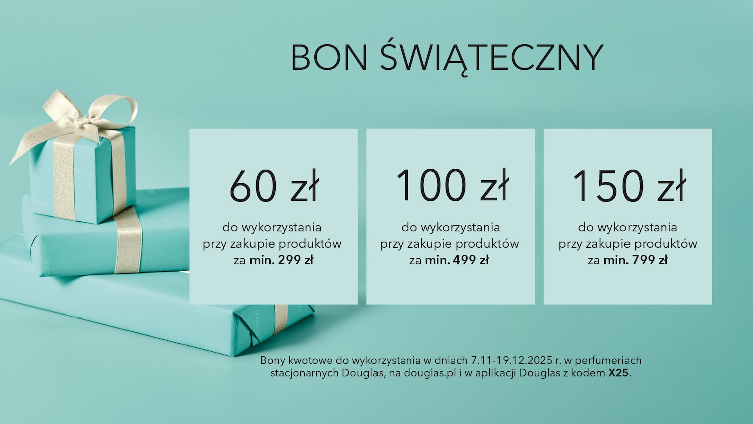 Festive offer: Gift boxes in light blue with white ribbons, alongside details on Christmas vouchers worth 60, 100, and 150 zł for purchases over 299, 499, and 799 zł respectively.