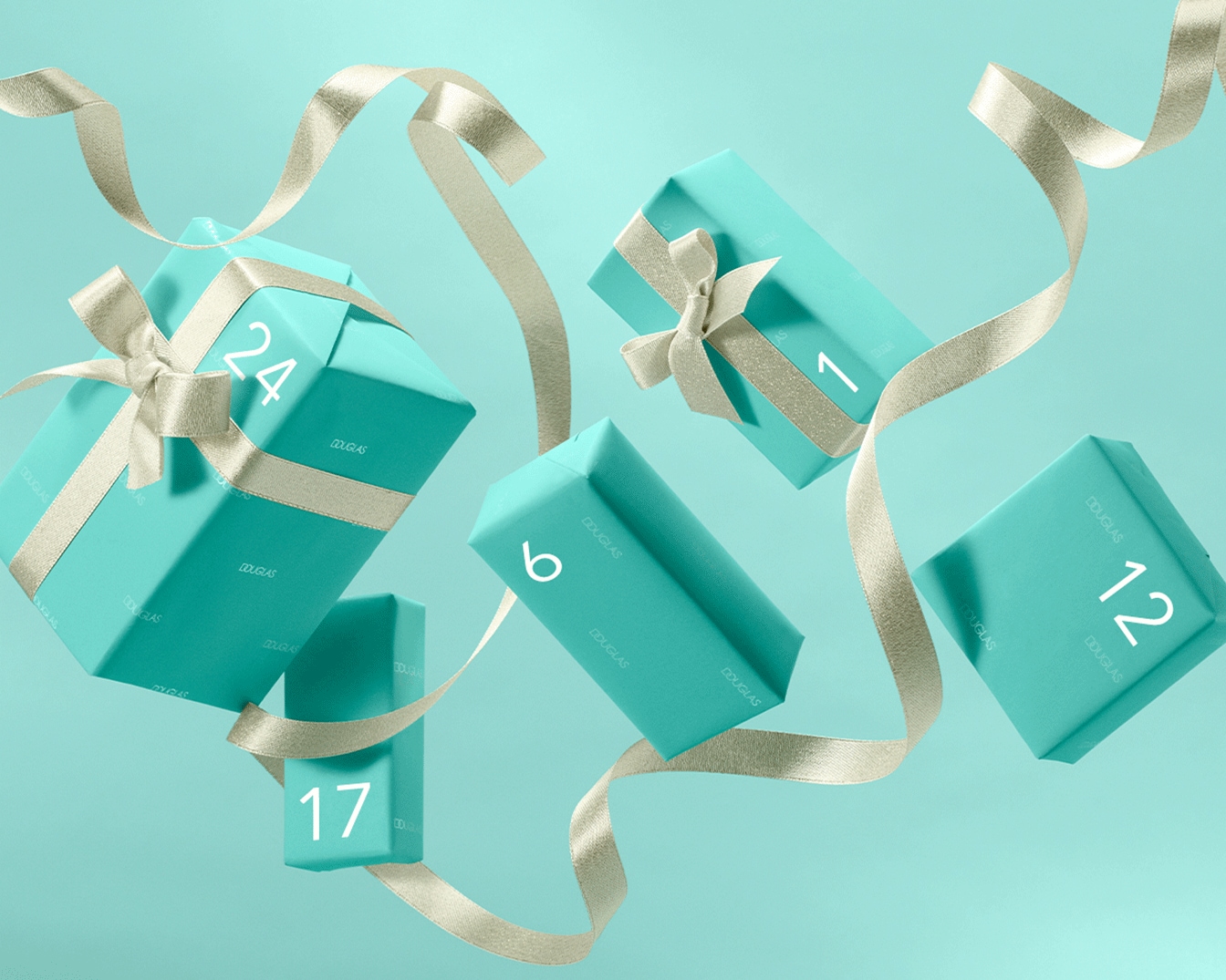 Mehrere türkisfarbene Douglas-Geschenkboxen mit Schleifen und goldenen Bändern schweben vor einem türkisfarbenen Hintergrund, nummeriert mit 1, 6, 12, 17 und 24.