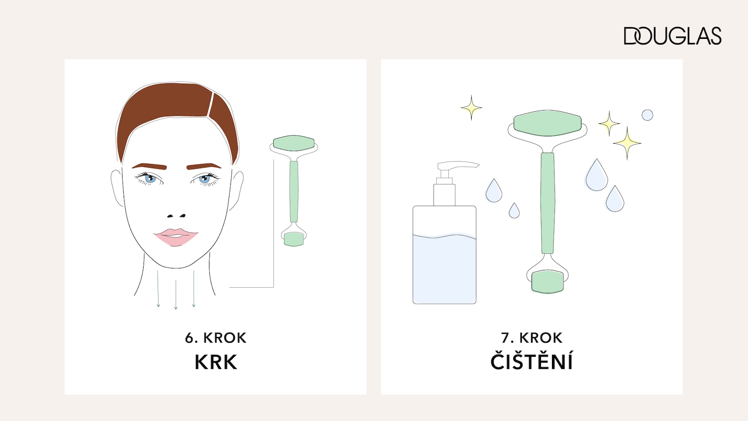 Ilustrace ukazuje, jak používat masážní váleček na krk, tahy směřují dolů, což je šestý krok v péči o pleť.