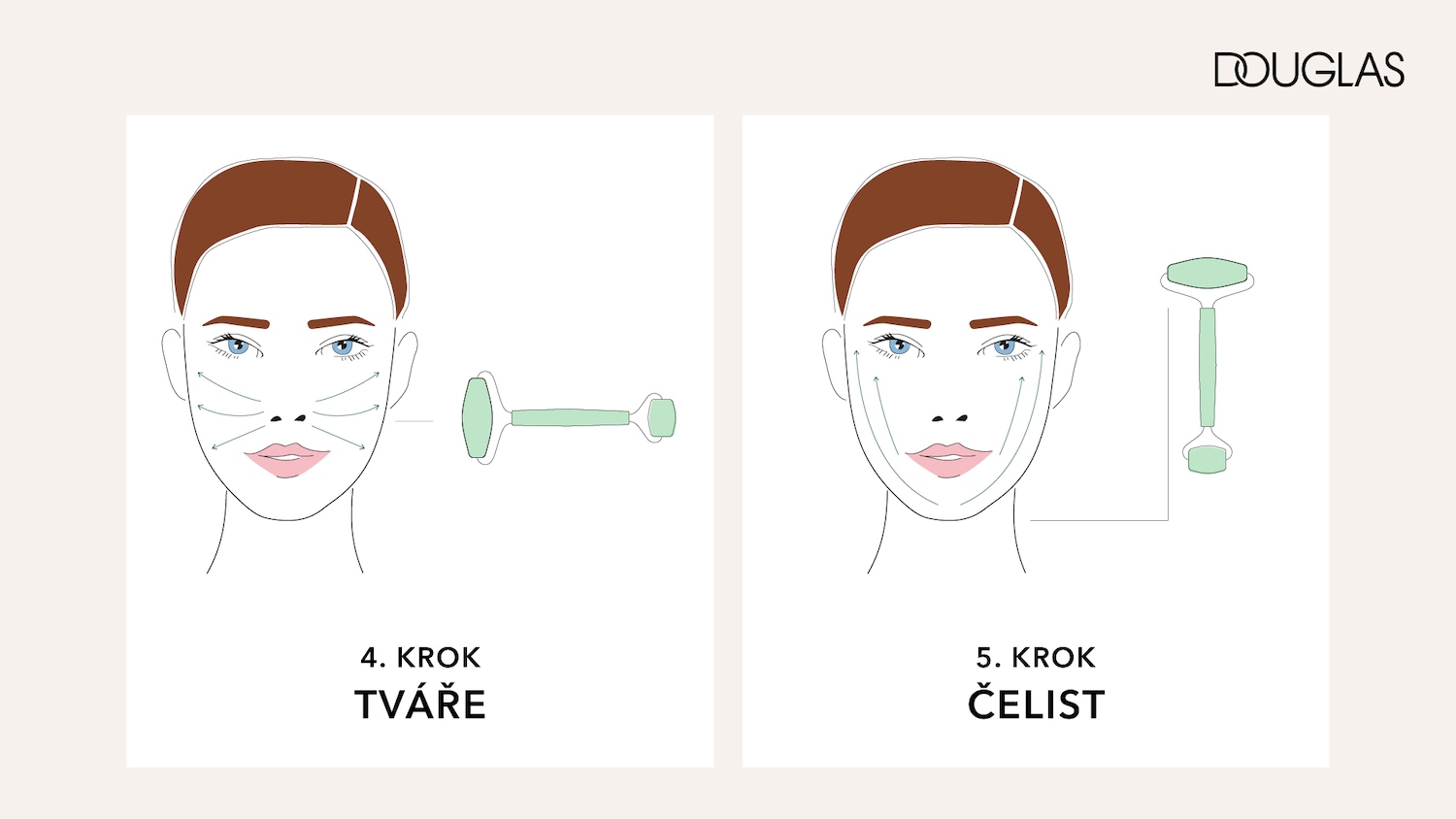 Ilustrace ukazuje, jak používat jade roller na obličej a čelist pro masáž a zlepšení cirkulace krve.